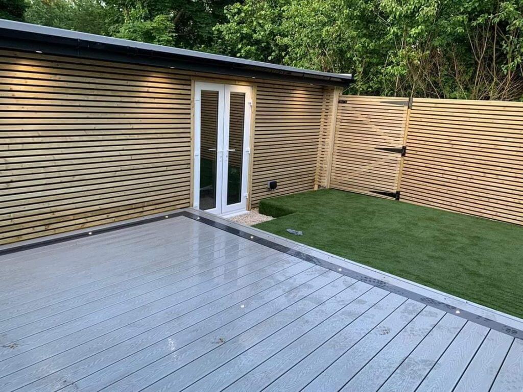 This garden room in Manchester has been clad using 44mm pressure treated slats.
