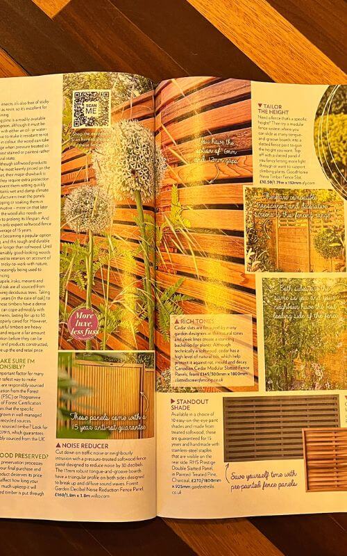 See our range of slatted cedar fence panels featured in Modern Garden Magazine.